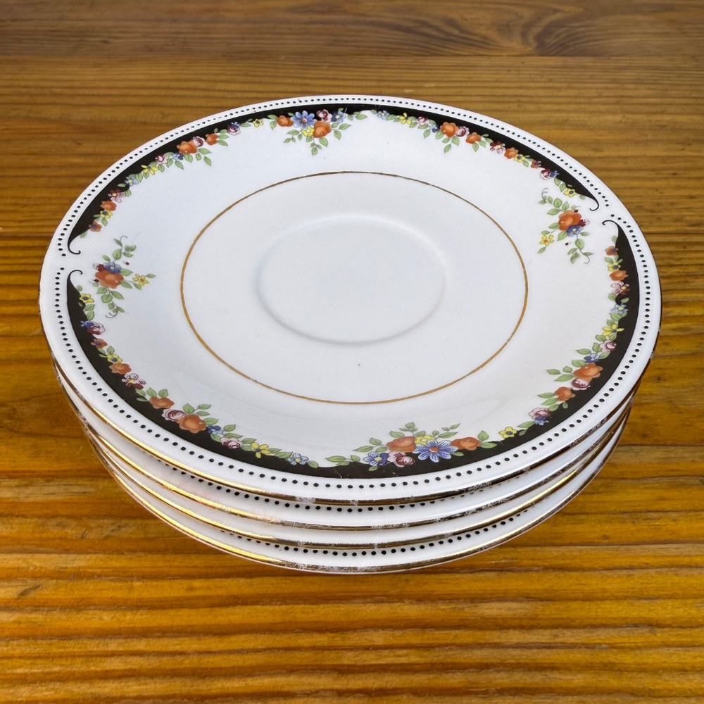 Set of 4 Lynn’s Fine China Saucers – Floral Black & Gold Trim, 6.25” - Picture 1 of 13
